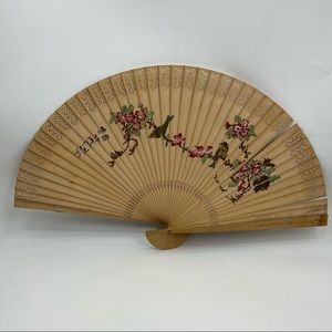 Vtg Antique Japanese Sensu Chinese Asian Carved Wood Floral Birds Fold Out Fan